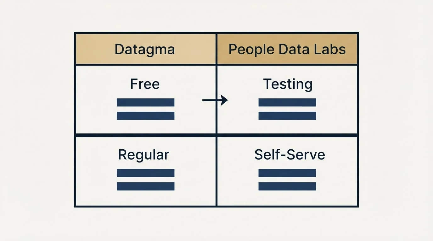 Pricing table: Pricing Comparison (Datagma, People Data Labs, Free, Testing)