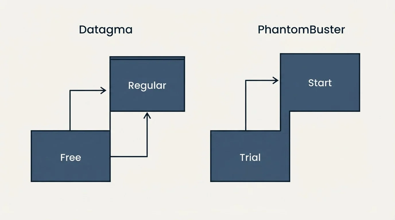 Pricing ladder: Pricing Comparison (Datagma, PhantomBuster, Free, Trial)