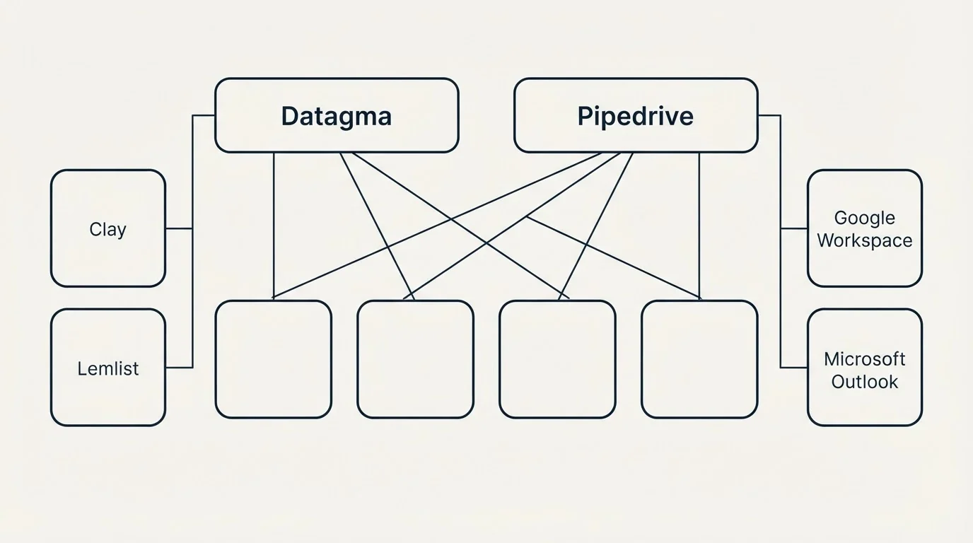 Integration grid: Integration Ecosystem (Datagma, Pipedrive, Clay, Google Workspace)
