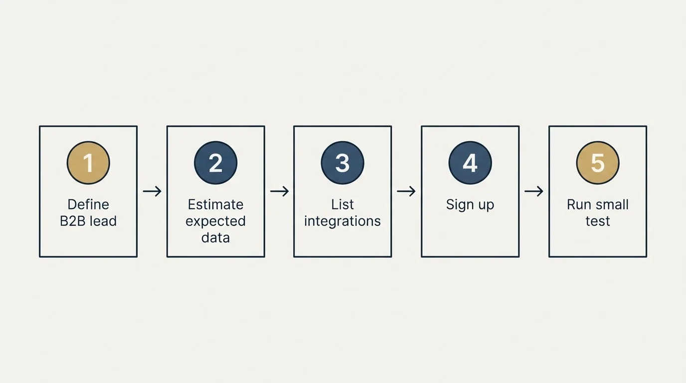 Step sequence: Getting Started Checklist (Define B2B lead, Estimate expected data, List integrations, Sign up)