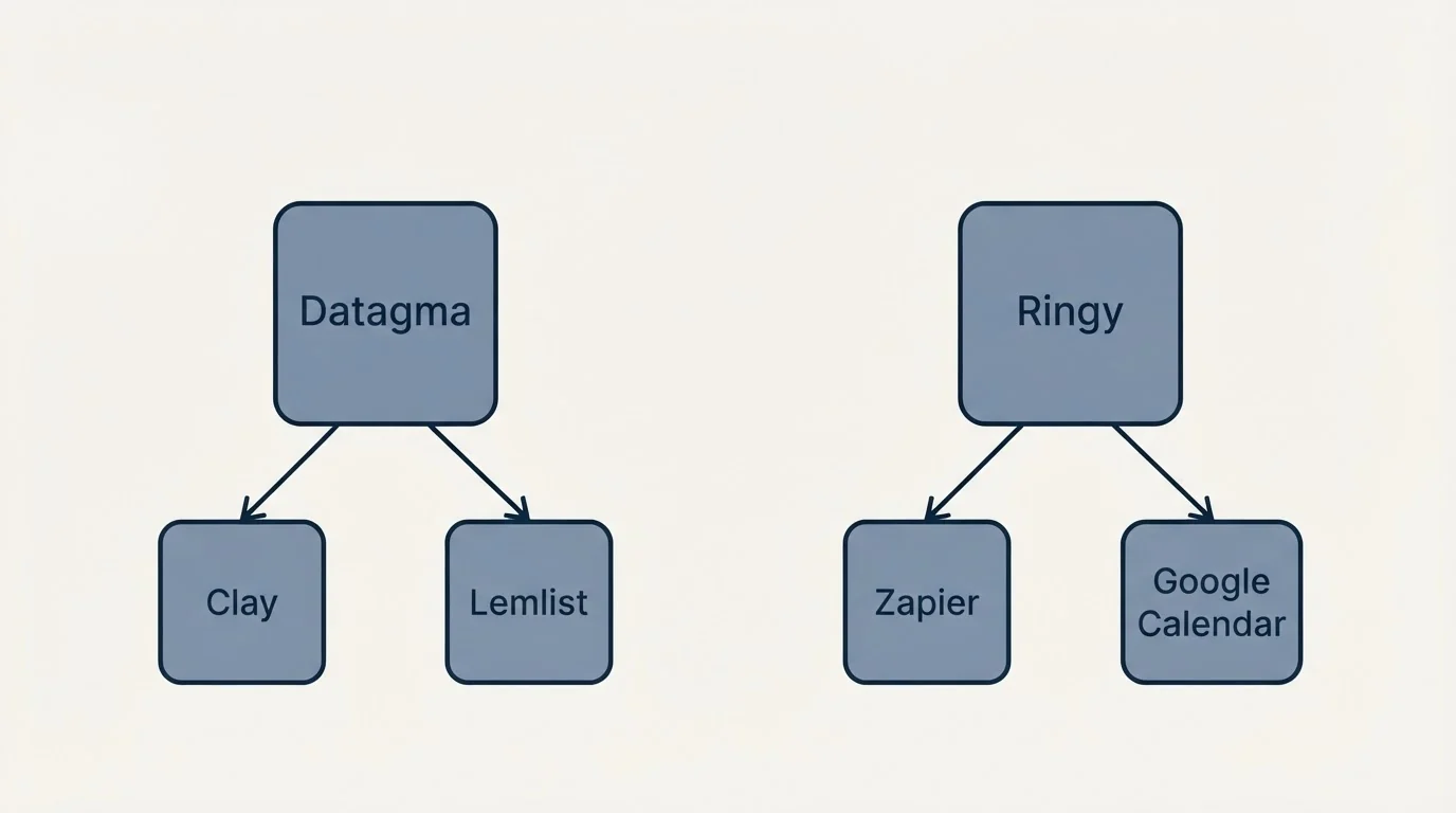 Integration schematic: Integration Ecosystem (Datagma, Ringy, Clay, Zapier)