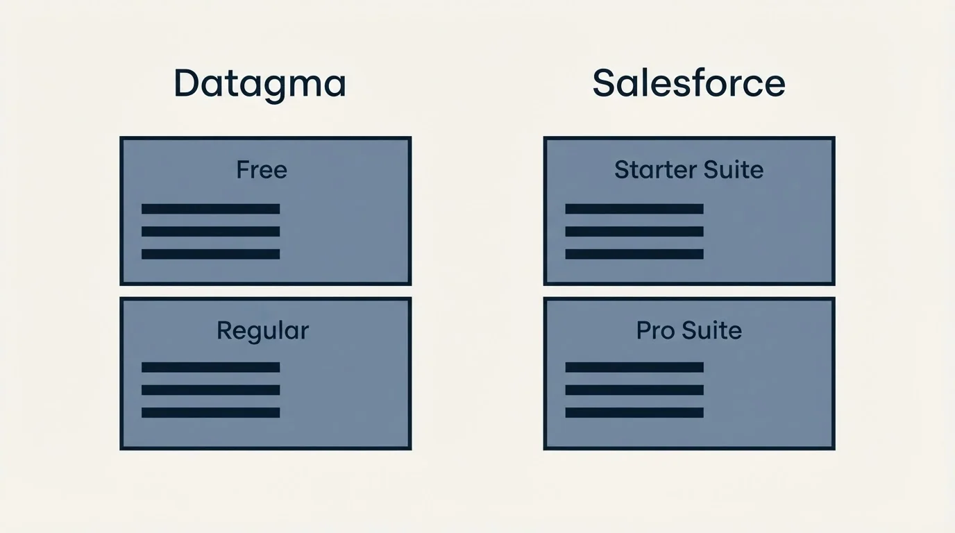Pricing panels: Pricing Comparison (Datagma, Salesforce, Free, Starter Suite)