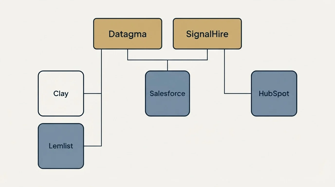 Integration grid: Integration Ecosystem (Datagma, SignalHire, Salesforce, Clay)