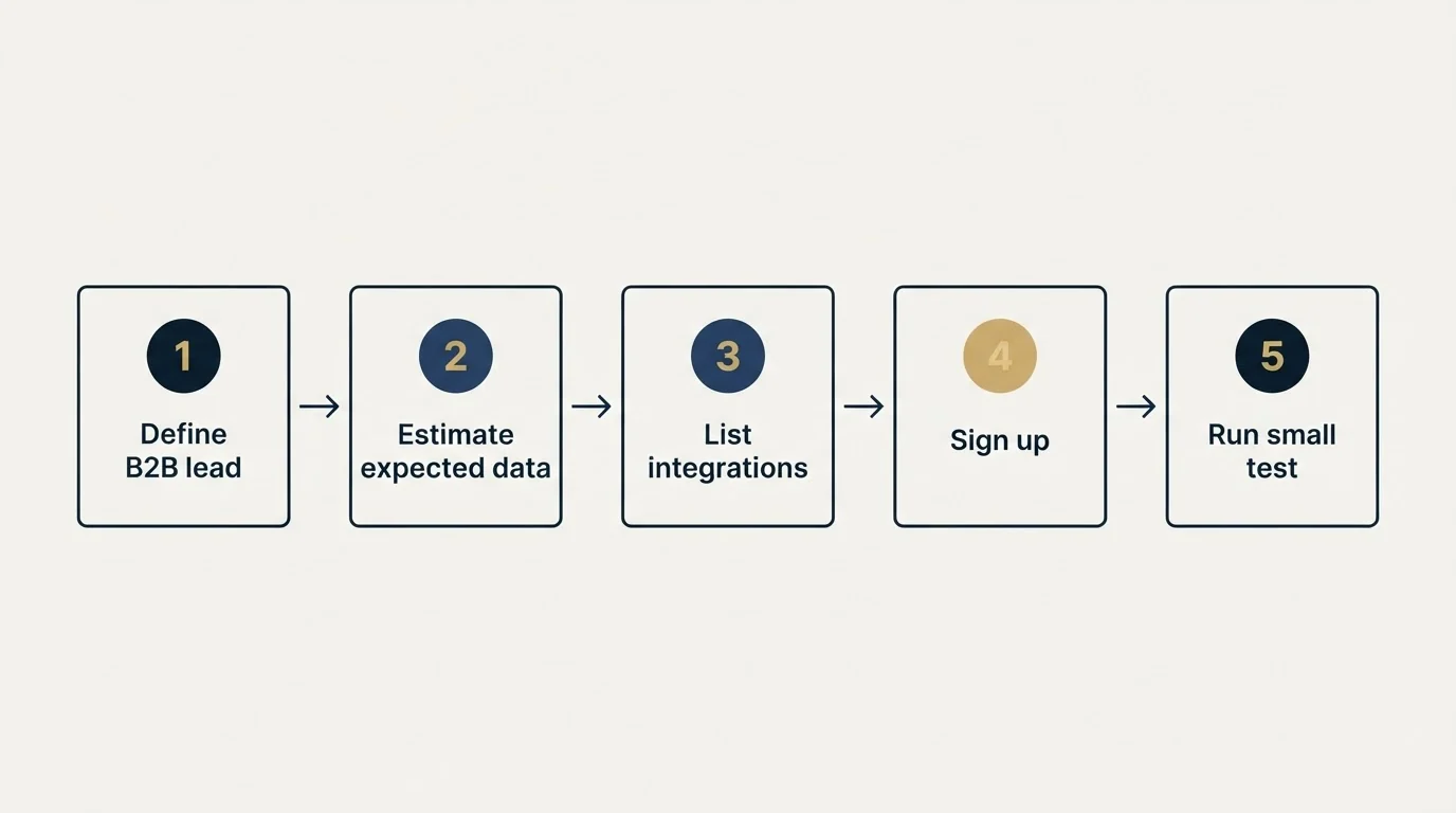 Step sequence: Getting Started Checklist (Define B2B lead, Estimate expected data, List integrations, Sign up)