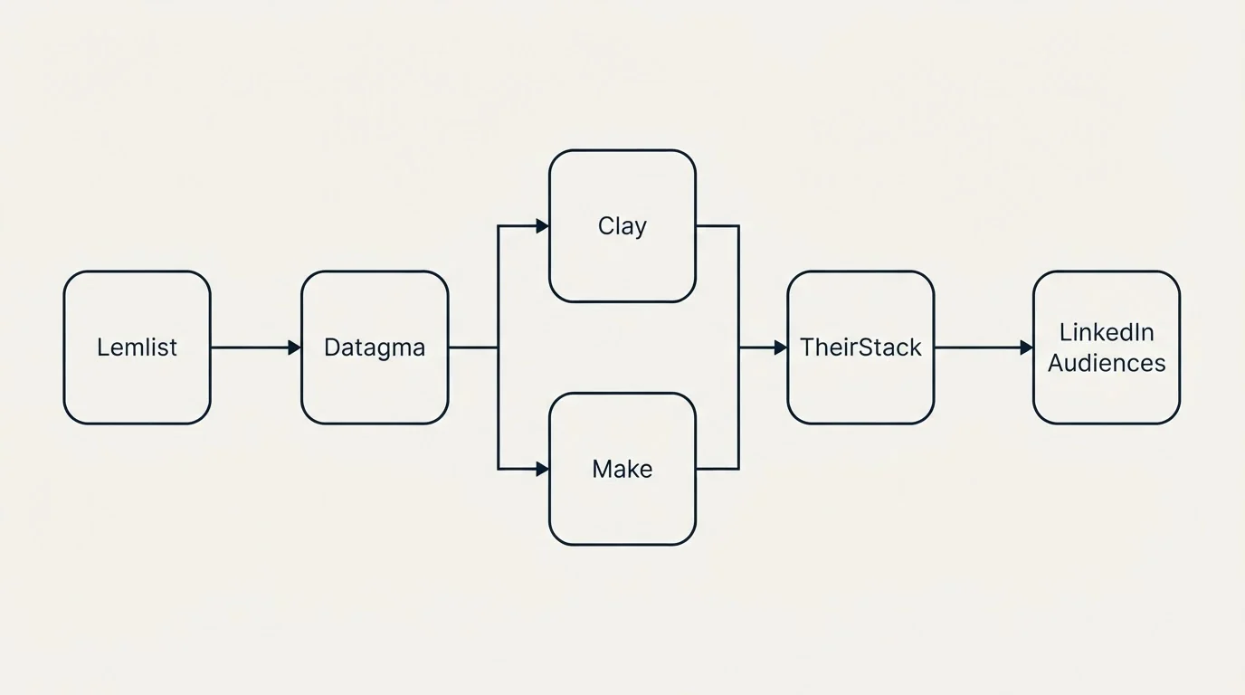 Integration flow: Integration Ecosystem (Datagma, TheirStack, Clay, Make)