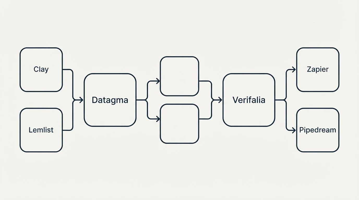 Integration schematic: Integration Ecosystem (Datagma, Verifalia, Clay, Zapier)