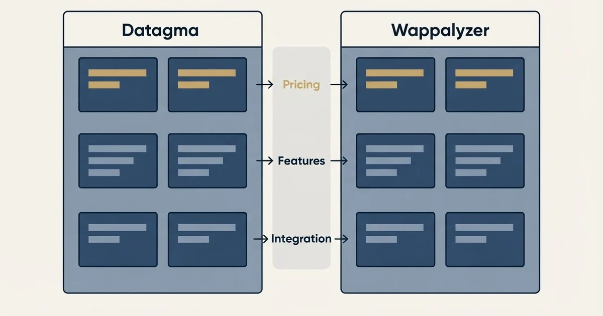 Comparison panel: Datagma vs Wappalyzer (Pricing, Features, Integration)