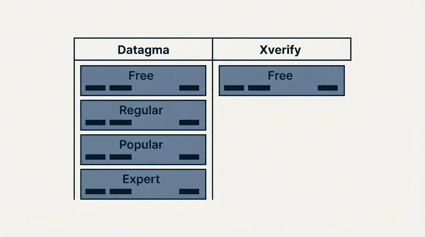Pricing table: Pricing Comparison (Datagma, Xverify, Free, Regular)