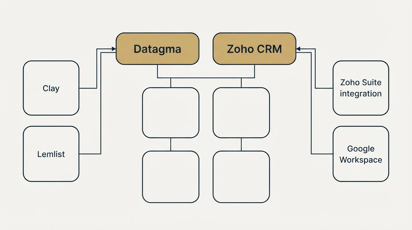 Integration grid: Integration Ecosystem (Datagma, Zoho CRM, Clay, Zoho Suite integration)