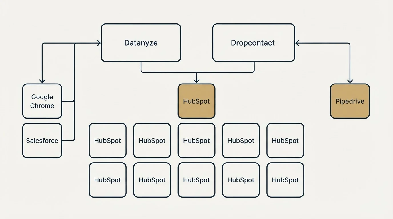 Integration grid: Integration Ecosystem (Datanyze, Dropcontact, HubSpot, Google Chrome)