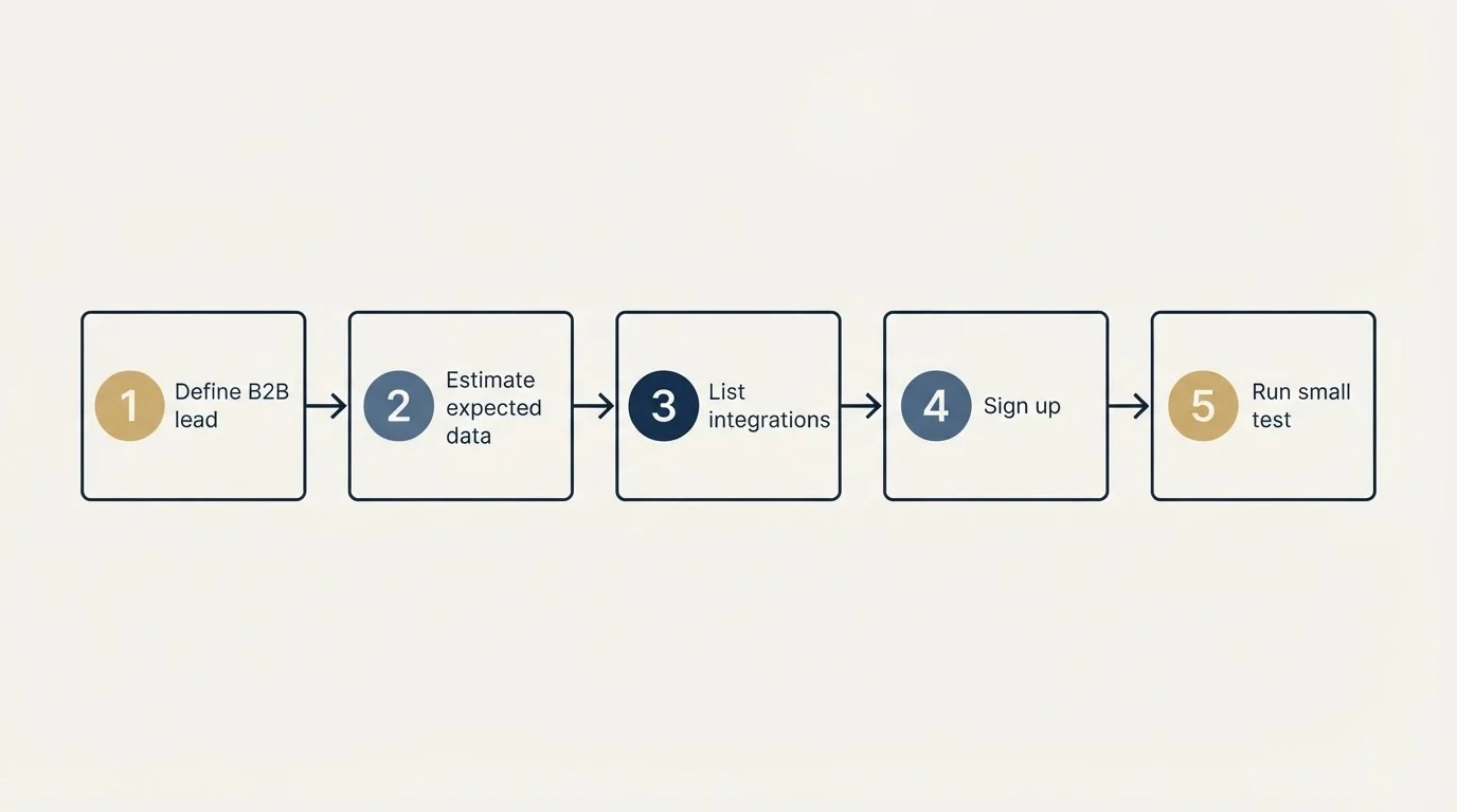 Step sequence: Getting Started Checklist (Define B2B lead, Estimate expected data, List integrations, Sign up)