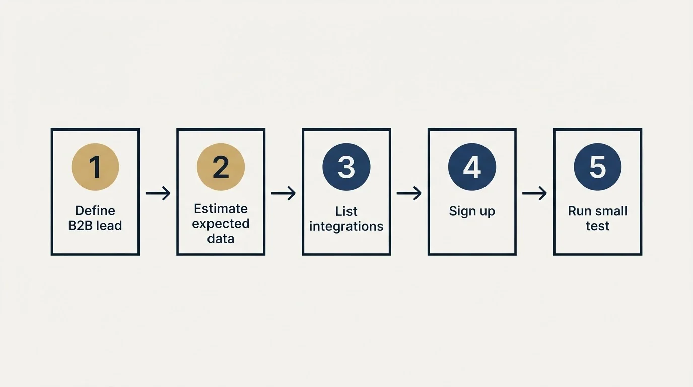 Step sequence: Getting Started Checklist (Define B2B lead, Estimate expected data, List integrations, Sign up)