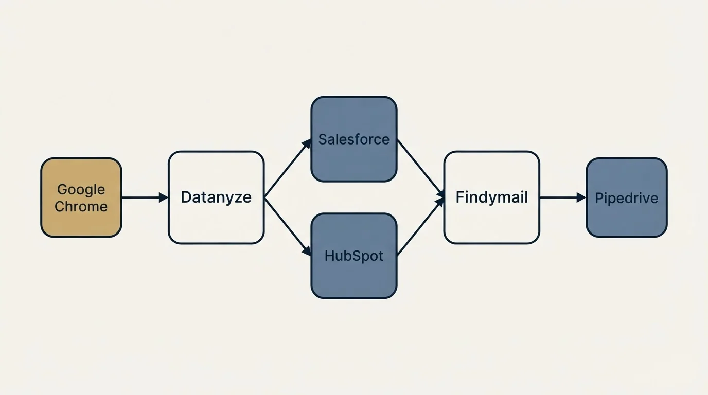Integration schematic: Integration Ecosystem (Datanyze, Findymail, Salesforce, HubSpot)