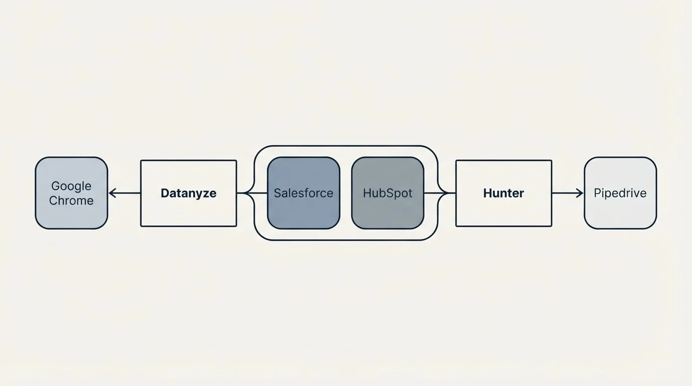 Integration schematic: Integration Ecosystem (Datanyze, Hunter, Salesforce, HubSpot)