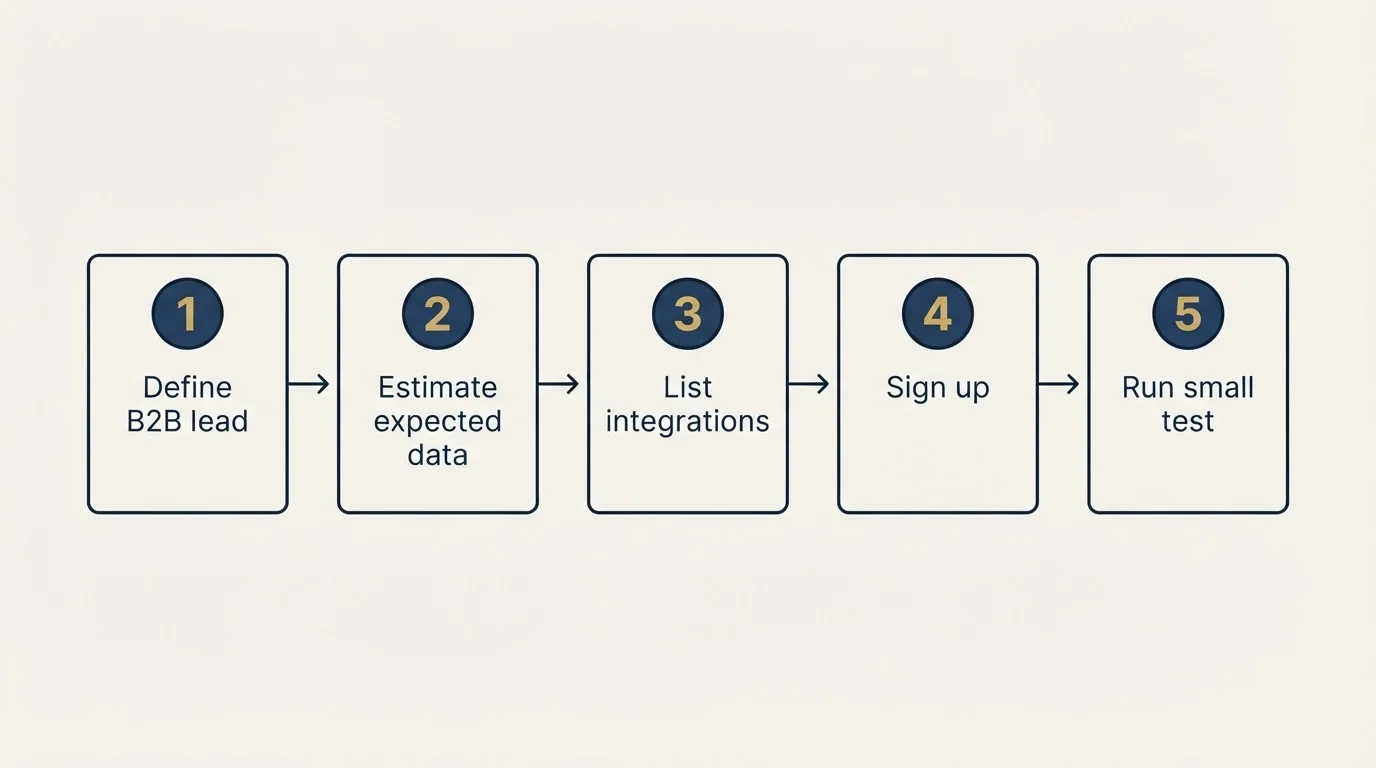 Step sequence: Getting Started Checklist (Define B2B lead, Estimate expected data, List integrations, Sign up)