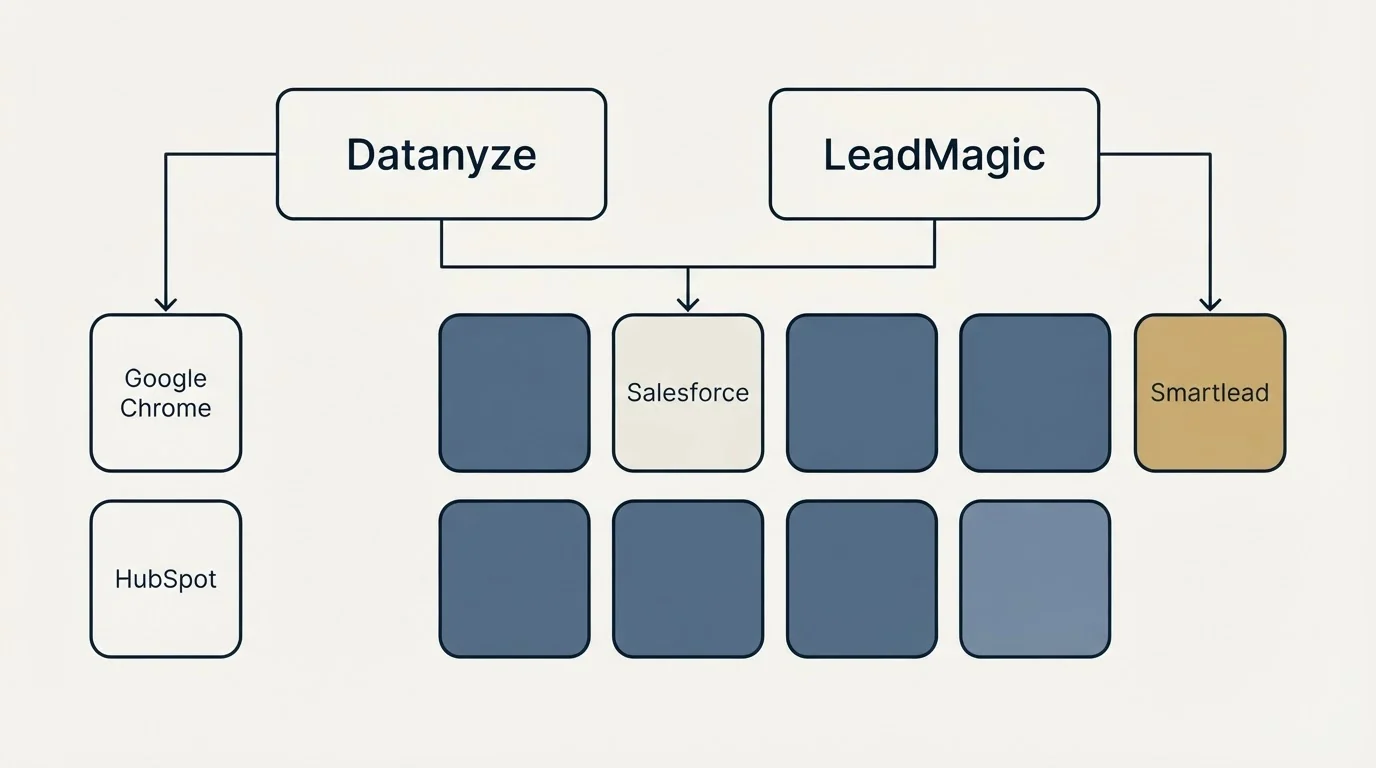 Integration grid: Integration Ecosystem (Datanyze, LeadMagic, Salesforce, Google Chrome)