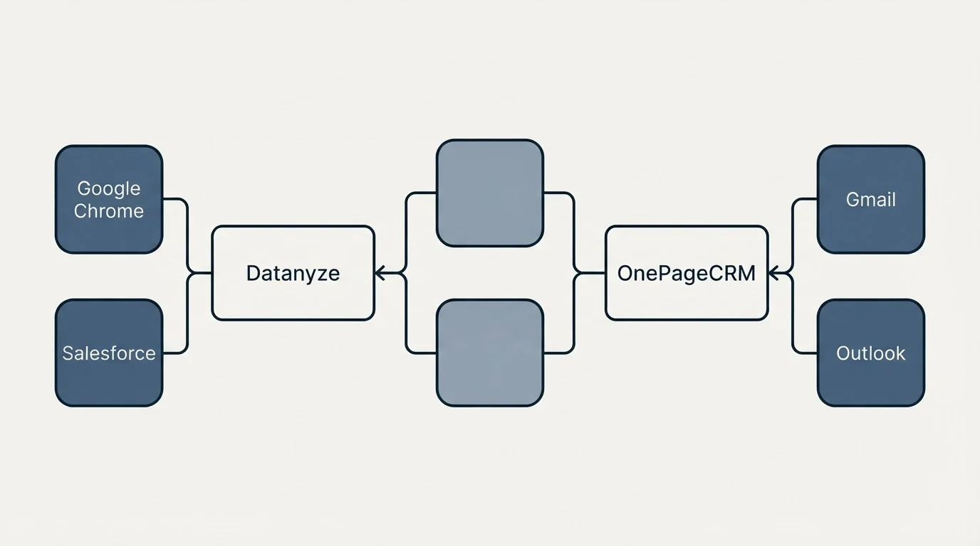 Integration schematic: Integration Ecosystem (Datanyze, OnePageCRM, Google Chrome, Gmail)