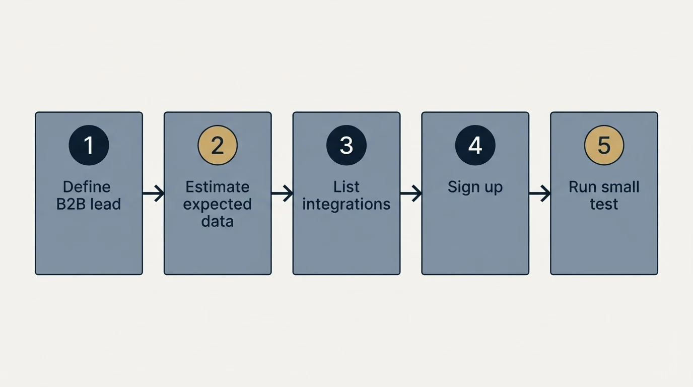 Step sequence: Getting Started Checklist (Define B2B lead, Estimate expected data, List integrations, Sign up)