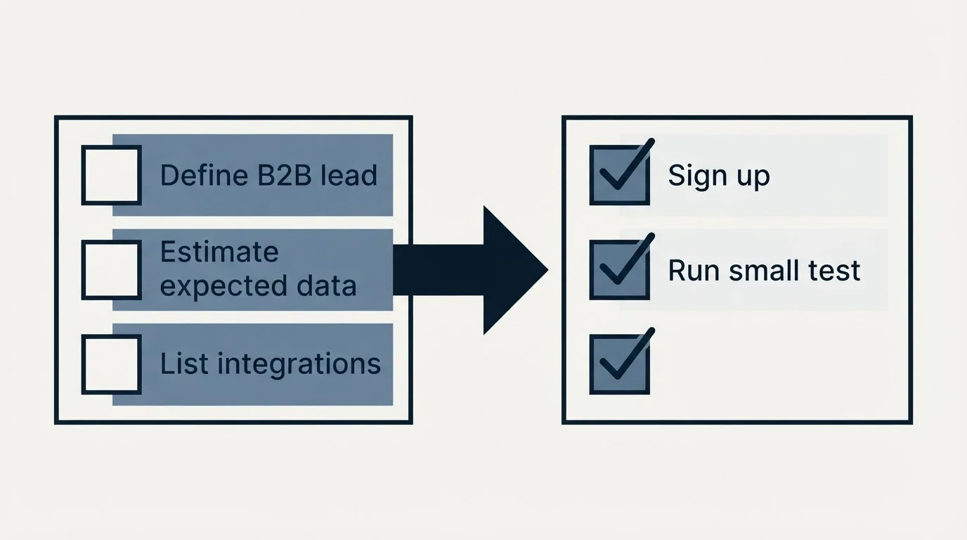 Before-and-after steps: Getting Started Checklist (Define B2B lead, Estimate expected data, List integrations, Sign up)
