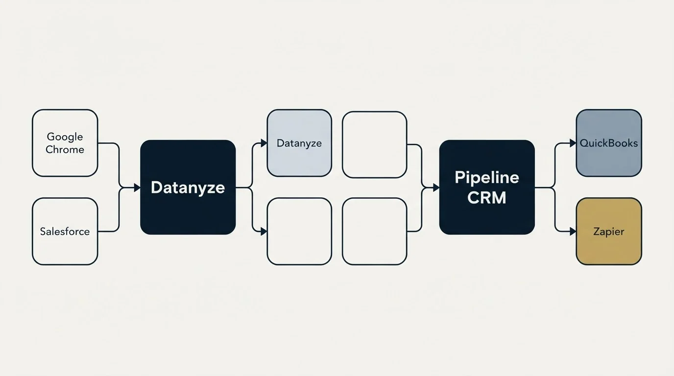 Integration schematic: Integration Ecosystem (Datanyze, Pipeline CRM, Google Chrome, QuickBooks)