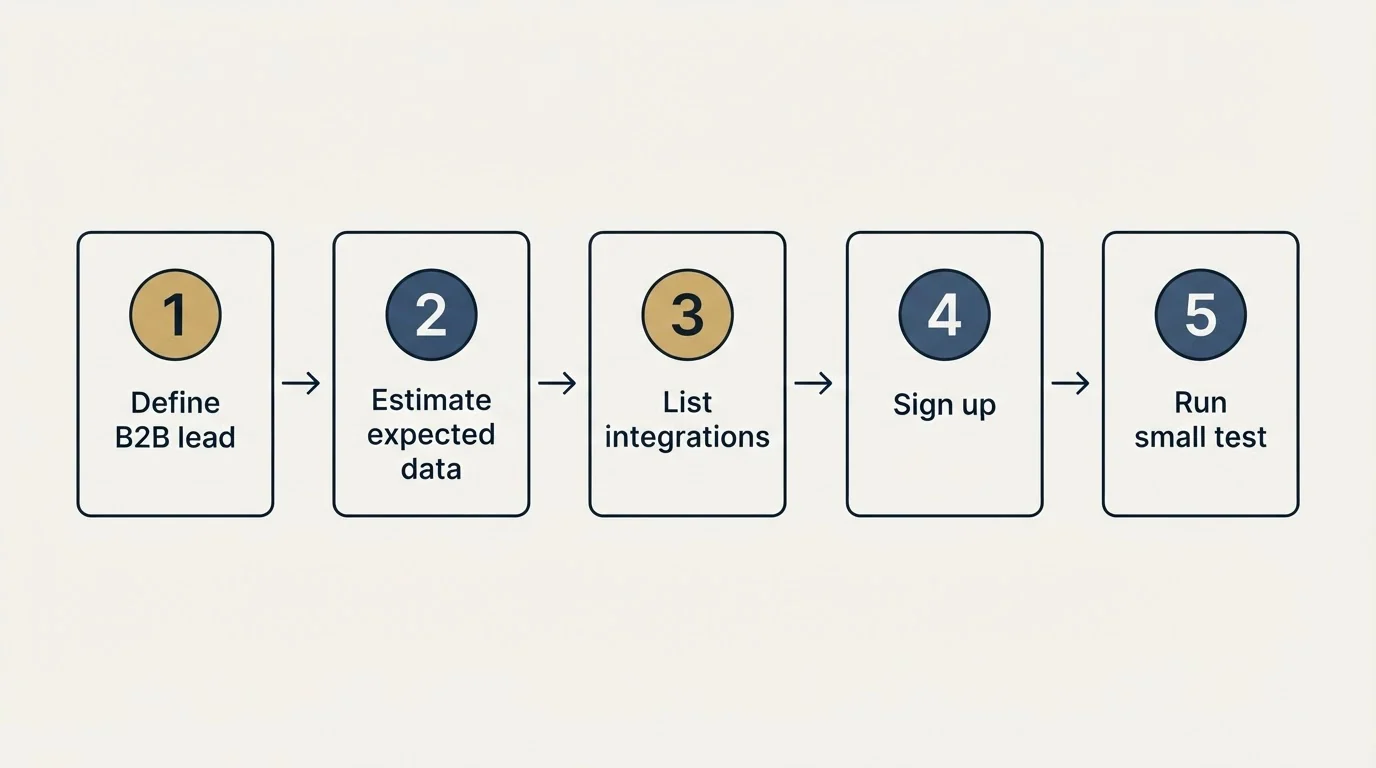 Step sequence: Getting Started Checklist (Define B2B lead, Estimate expected data, List integrations, Sign up)