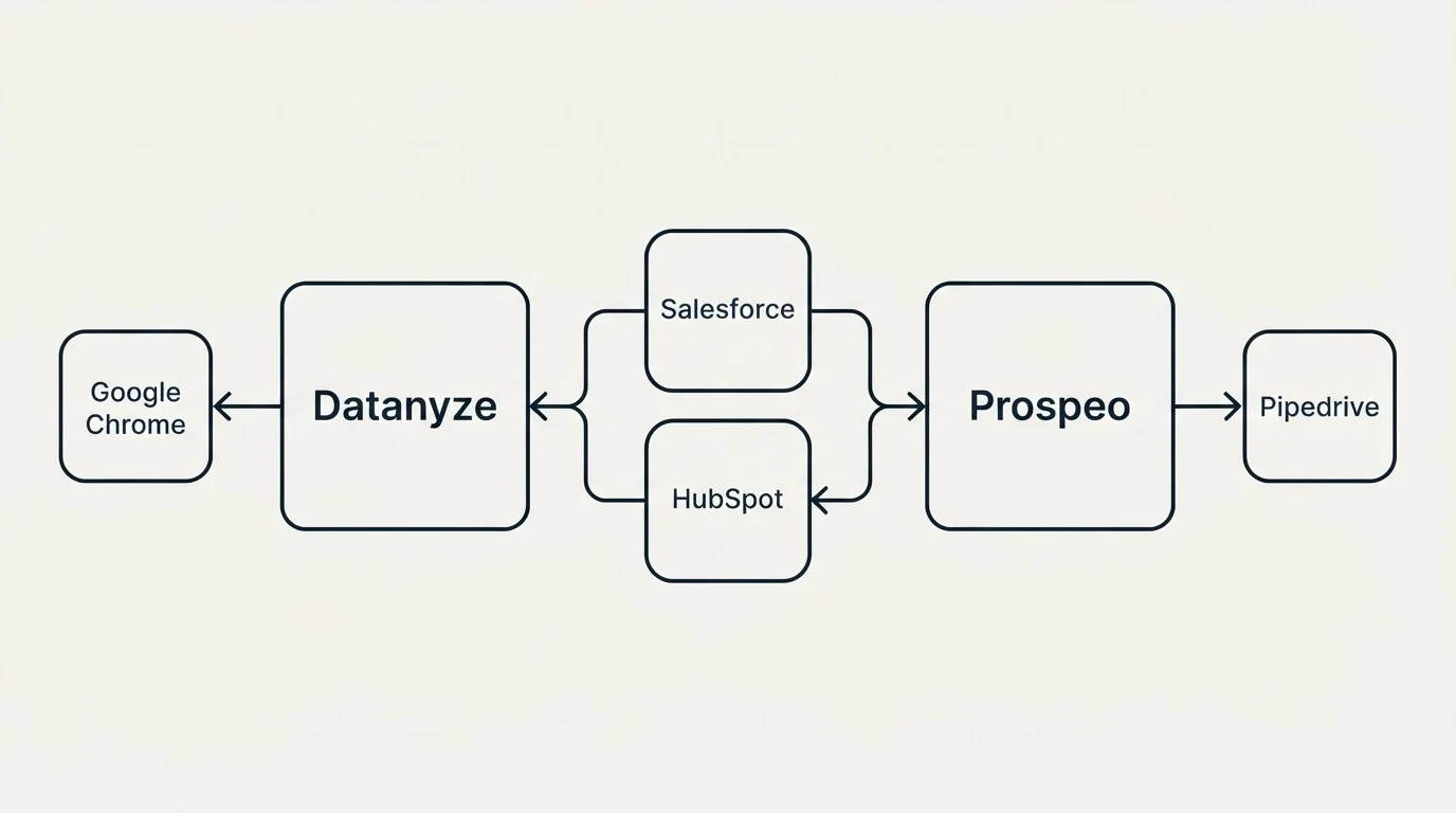 Integration schematic: Integration Ecosystem (Datanyze, Prospeo, Salesforce, HubSpot)