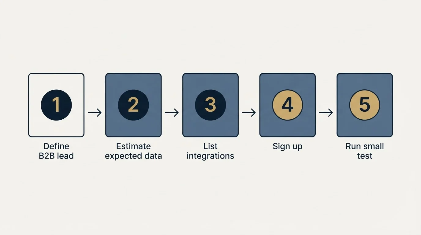 Step sequence: Getting Started Checklist (Define B2B lead, Estimate expected data, List integrations, Sign up)
