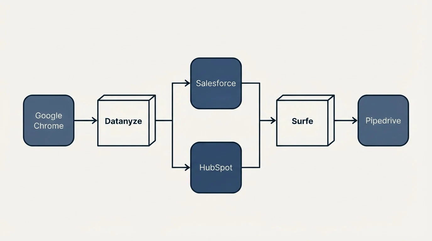 Integration flow: Integration Ecosystem (Datanyze, Surfe, Salesforce, HubSpot)