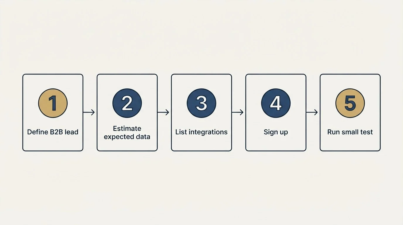 Step sequence: Getting Started Checklist (Define B2B lead, Estimate expected data, List integrations, Sign up)