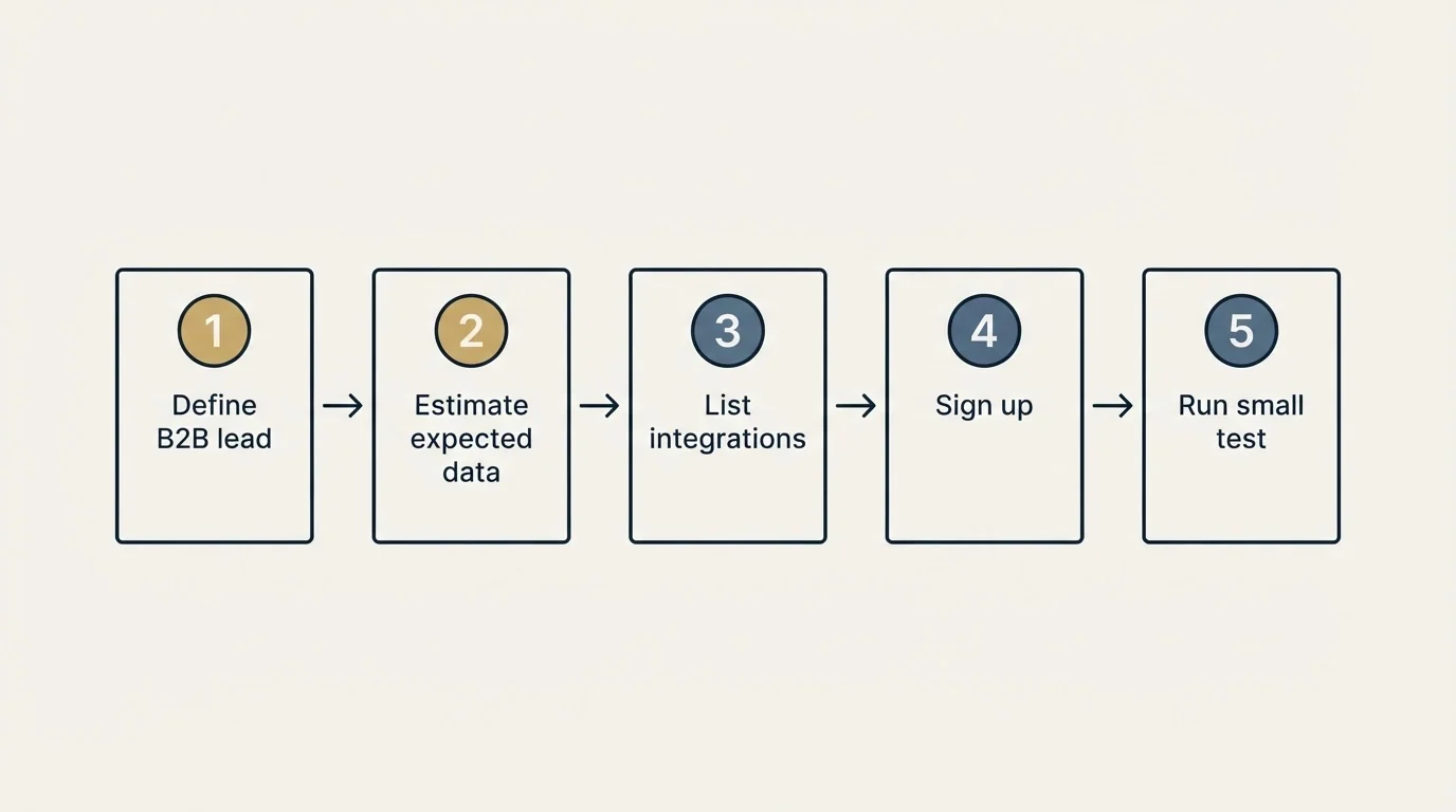 Step sequence: Getting Started Checklist (Define B2B lead, Estimate expected data, List integrations, Sign up)