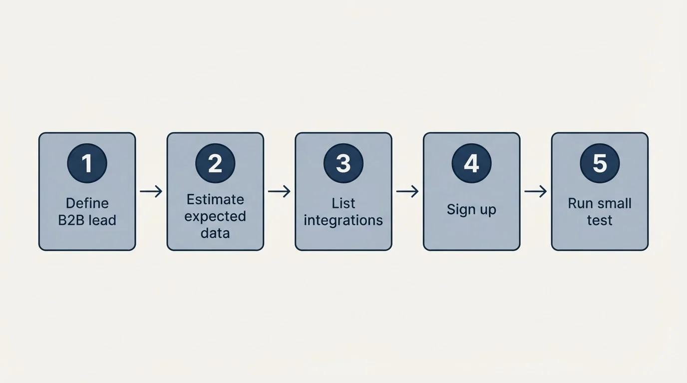Step sequence: Getting Started Checklist (Define B2B lead, Estimate expected data, List integrations, Sign up)
