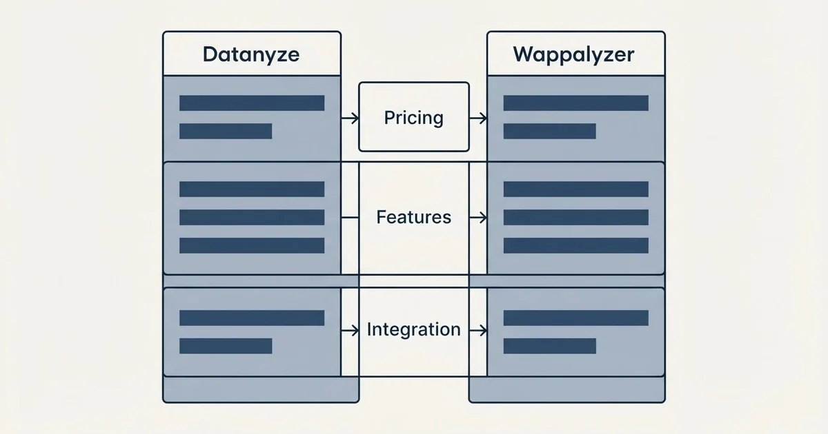 Comparison panel: Datanyze vs Wappalyzer (Pricing, Features, Integration)