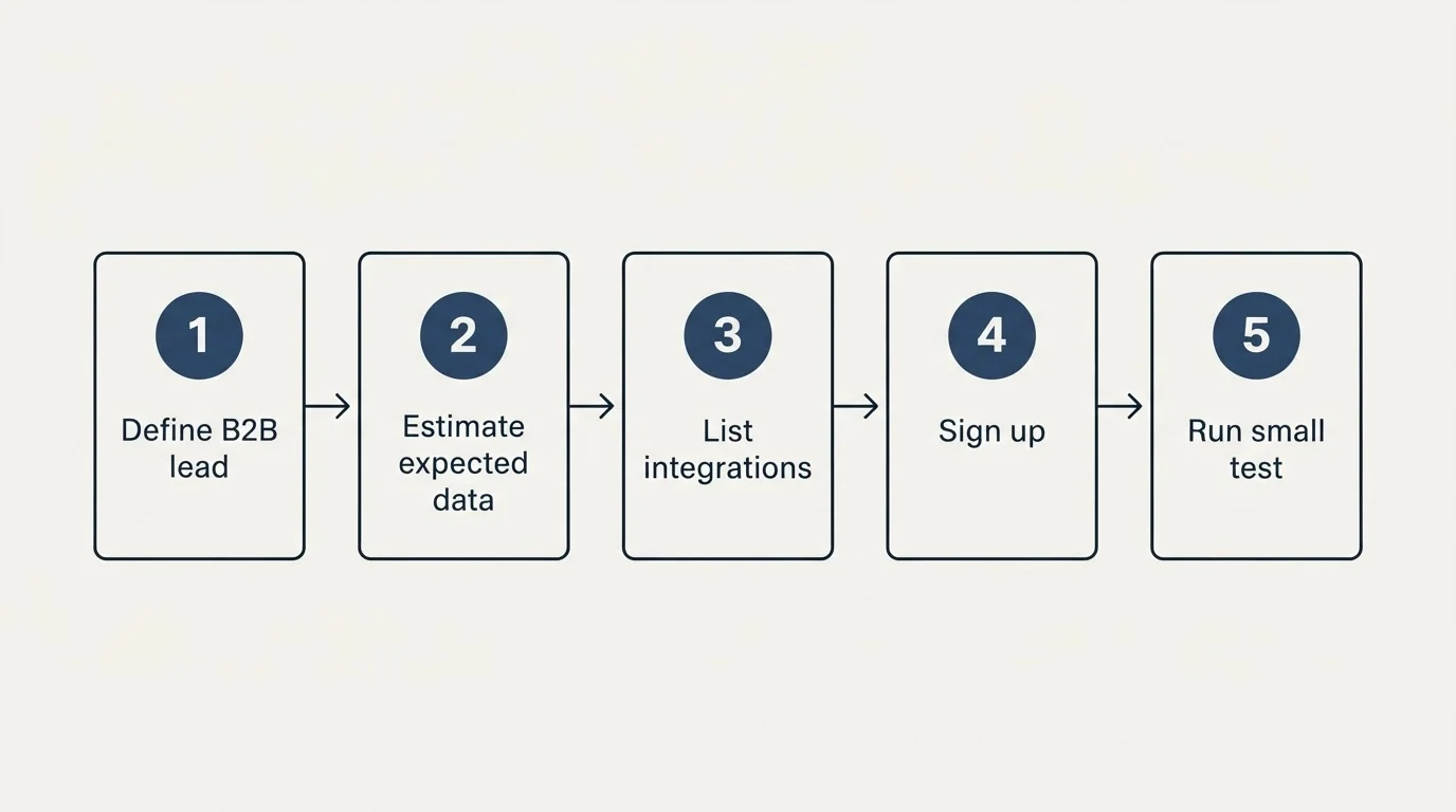 Step sequence: Getting Started Checklist (Define B2B lead, Estimate expected data, List integrations, Sign up)