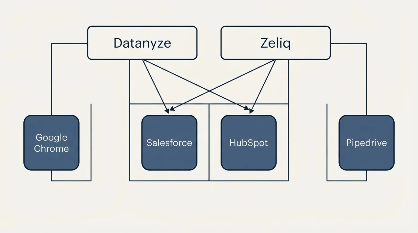 Integration grid: Integration Ecosystem (Datanyze, Zeliq, Salesforce, HubSpot)