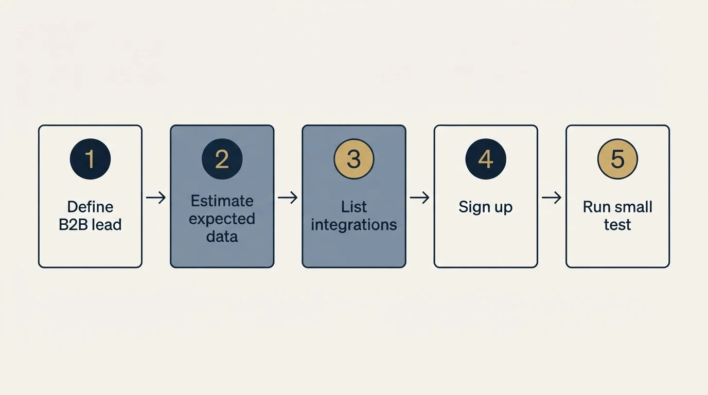 Step sequence: Getting Started Checklist (Define B2B lead, Estimate expected data, List integrations, Sign up)