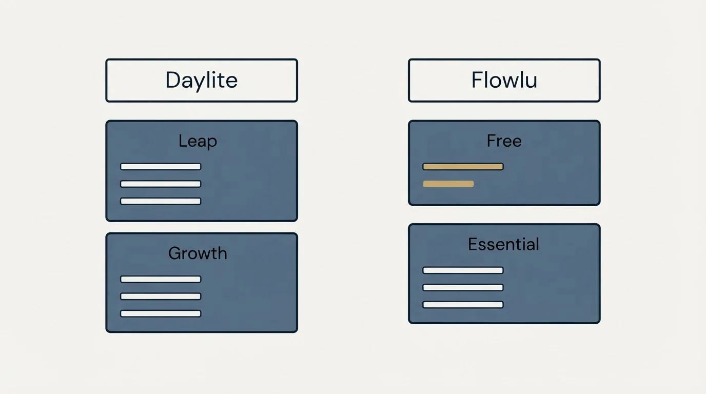 Pricing panels: Pricing Comparison (Daylite, Flowlu, Leap, Free)