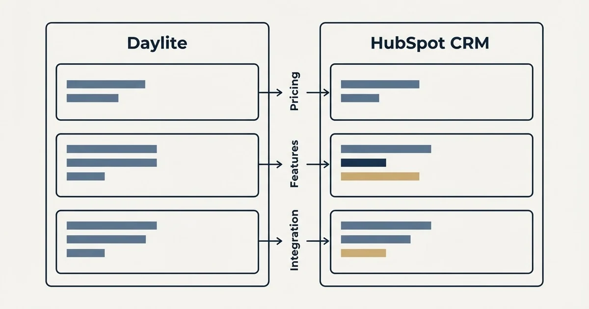 Comparison panel: Daylite vs HubSpot CRM (Pricing, Features, Integration)