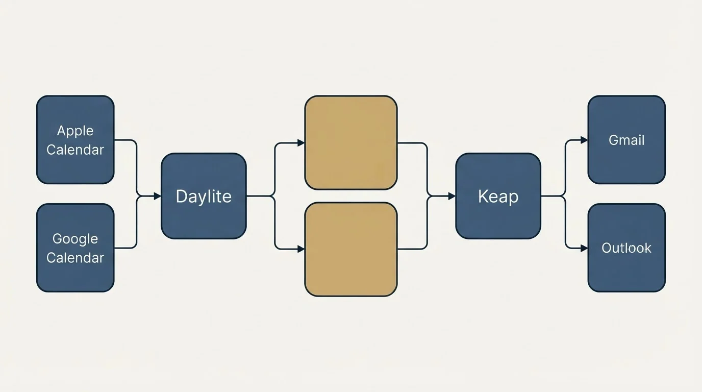 Integration schematic: Integration Ecosystem (Daylite, Keap, Apple Calendar, Gmail)