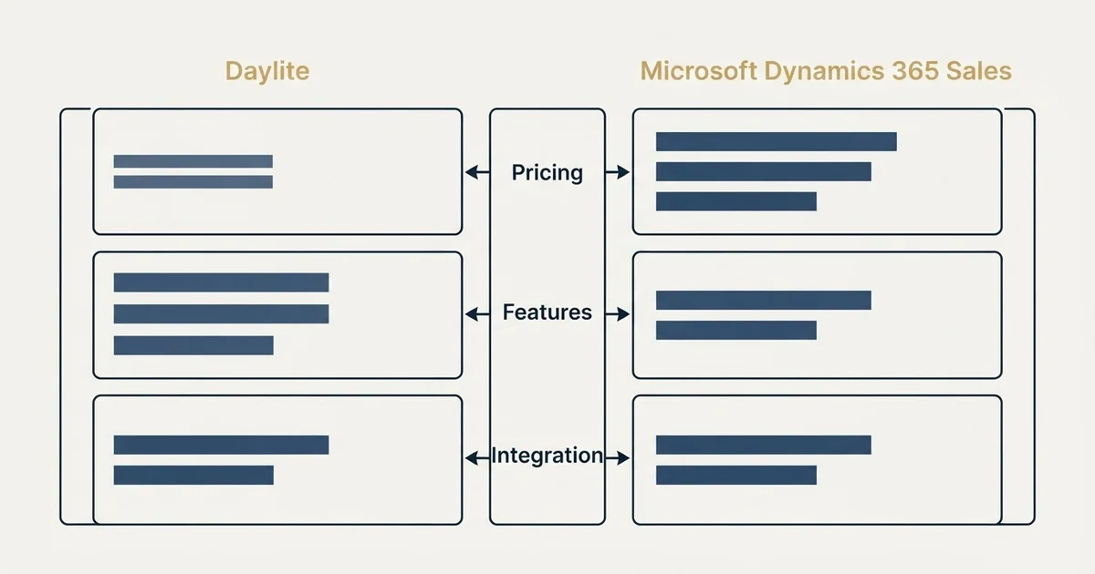 Comparison panel: Daylite vs Microsoft Dynamics 365 Sales (Pricing, Features, Integration)