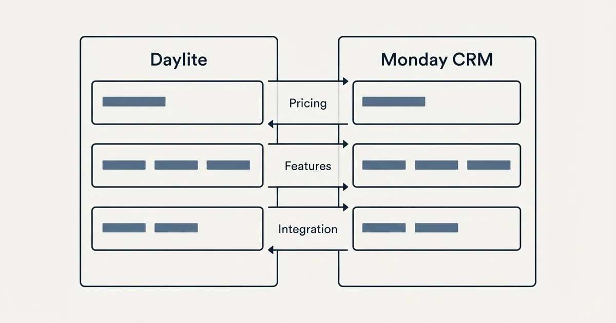 Comparison panel: Daylite vs Monday CRM (Pricing, Features, Integration)