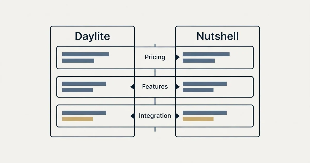 Comparison panel: Daylite vs Nutshell (Pricing, Features, Integration)