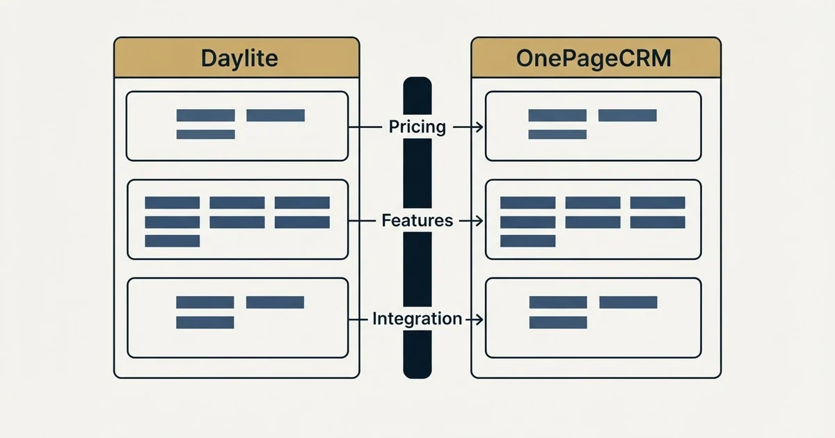 Comparison panel: Daylite vs OnePageCRM (Pricing, Features, Integration)