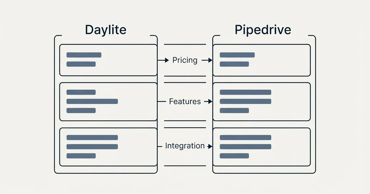 Comparison panel: Daylite vs Pipedrive (Pricing, Features, Integration)