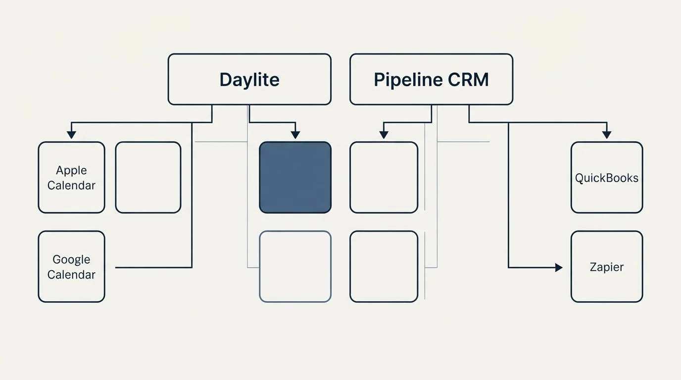 Integration grid: Integration Ecosystem (Daylite, Pipeline CRM, Apple Calendar, QuickBooks)