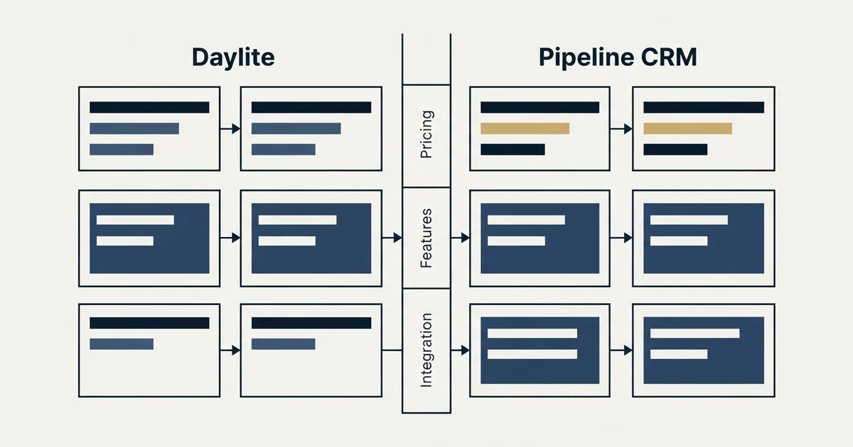 Comparison panel: Daylite vs Pipeline CRM (Pricing, Features, Integration)