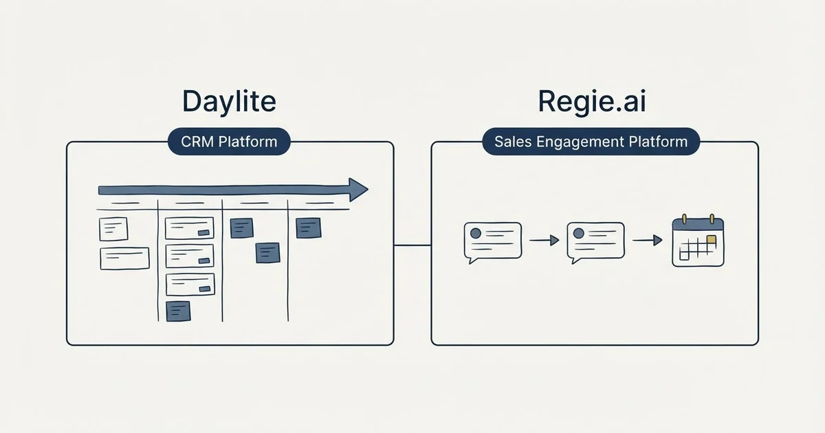 Side-by-side panels: Daylite vs Regie.ai (CRM Platform, Sales Engagement Platform)