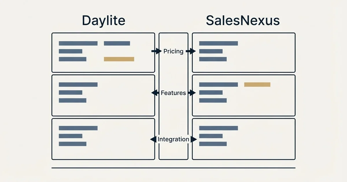Comparison panel: Daylite vs SalesNexus (Pricing, Features, Integration)
