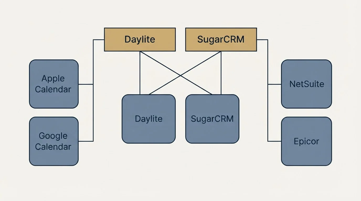 Integration grid: Integration Ecosystem (Daylite, SugarCRM, Apple Calendar, NetSuite)