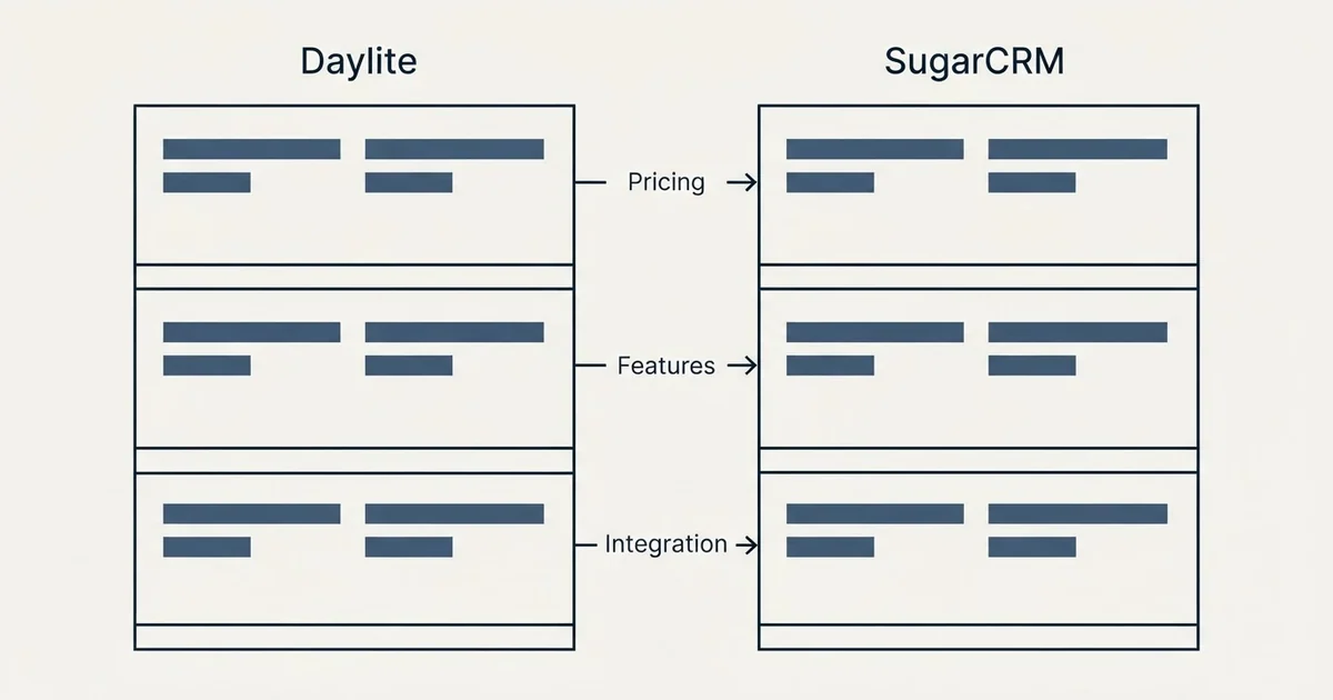 Comparison panel: Daylite vs SugarCRM (Pricing, Features, Integration)