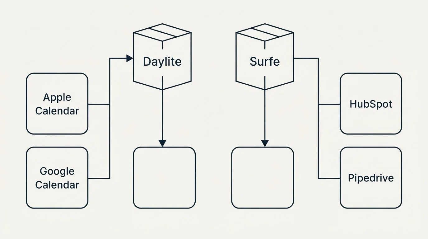 Integration grid: Integration Ecosystem (Daylite, Surfe, Apple Calendar, HubSpot)